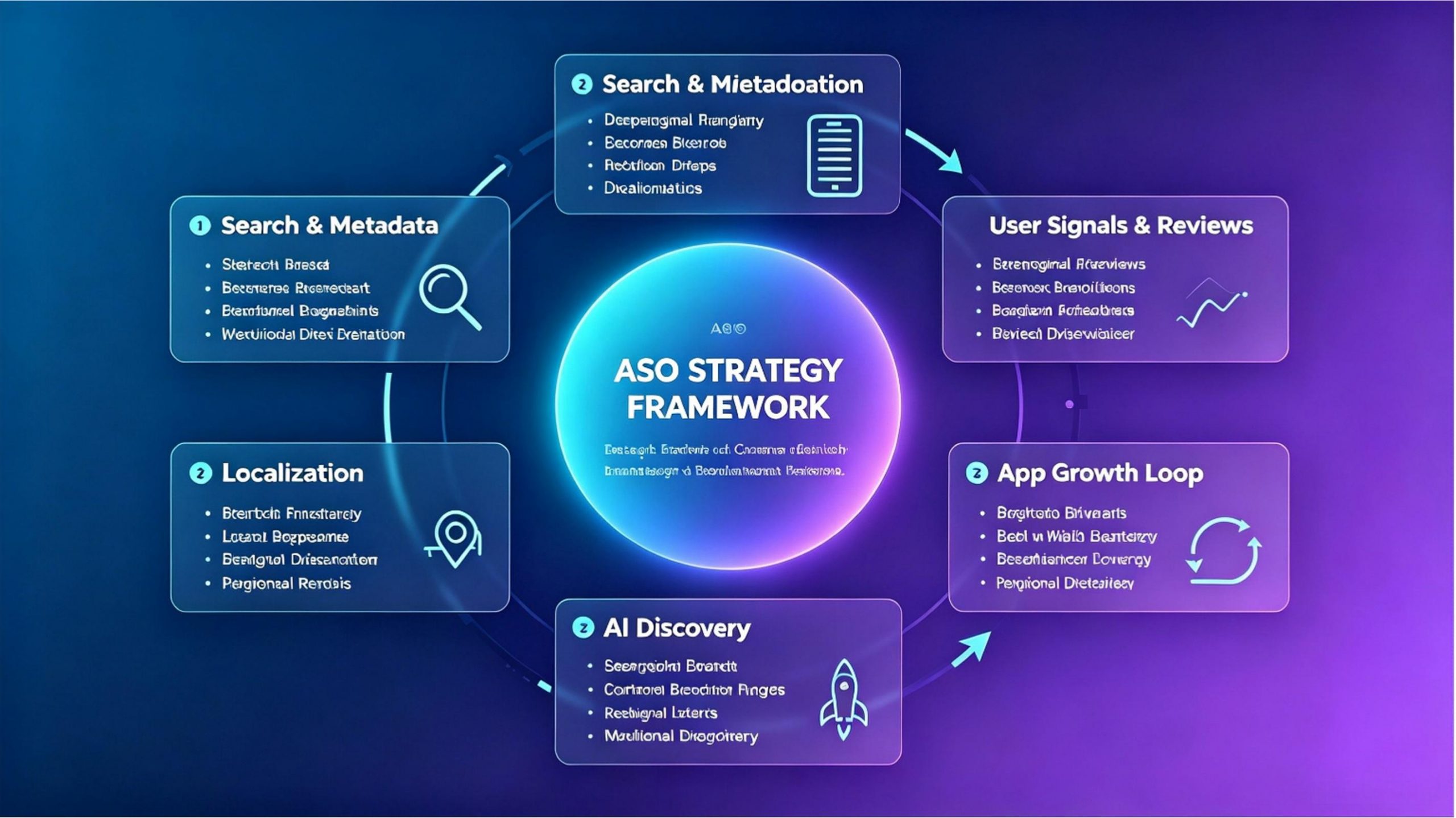 2026 ASO strategy framework showing metadata, localization, AI discovery, user signals, and app growth loop