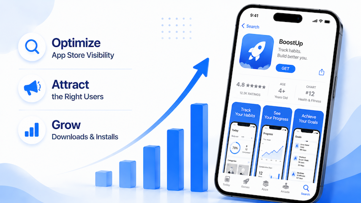 App growth infographic showing App Store optimization, user acquisition strategies, download growth, and app performance analytics.