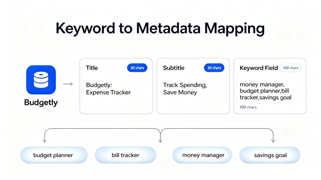 App Store keyword mapping example with Title, Subtitle, and Keywords fields