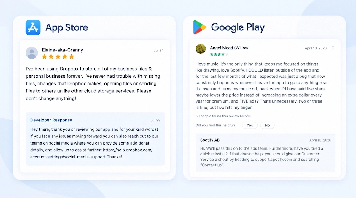 App Store and Google Play developer responses to user reviews