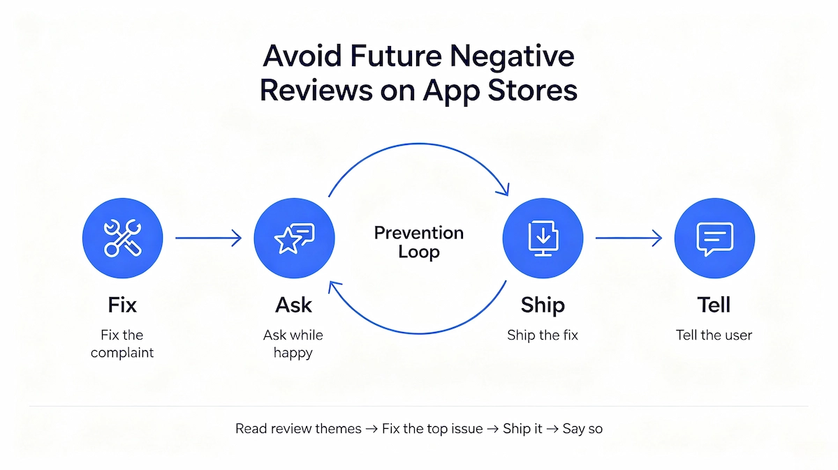 App review prevention loop showing fix, ask, ship, and tell steps