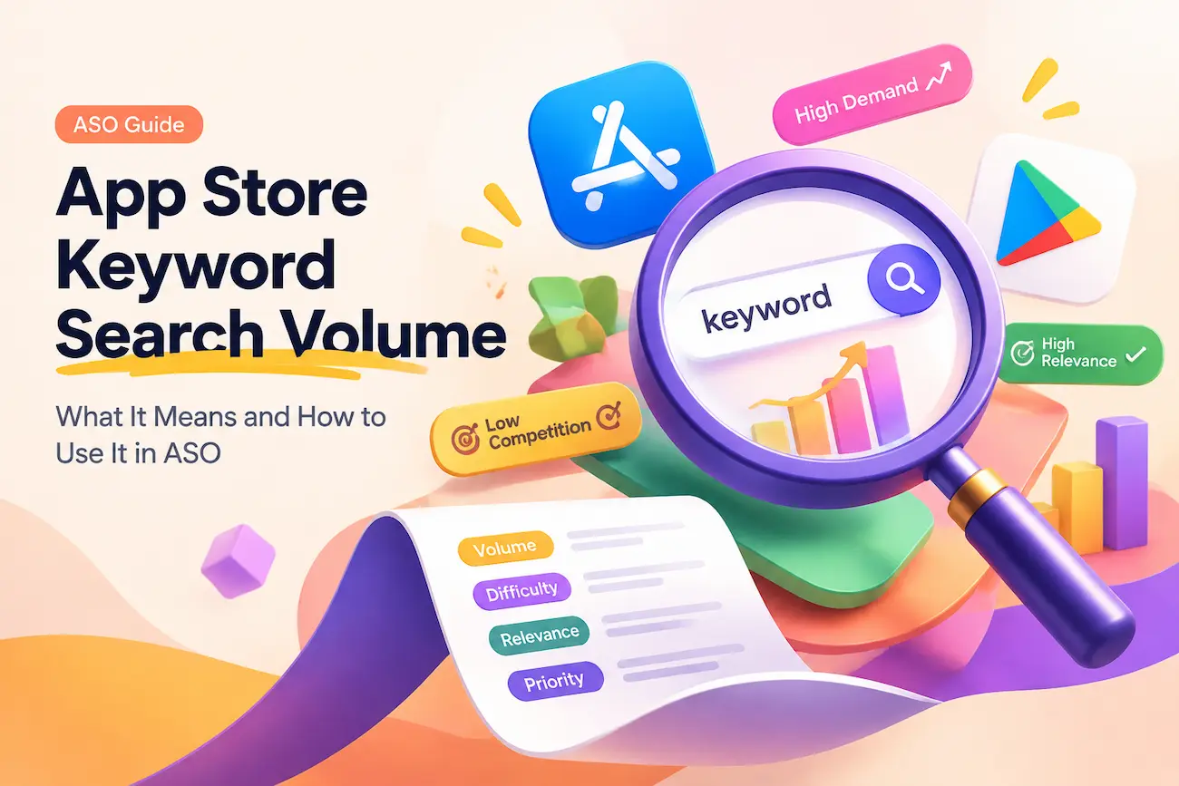 App Store Keyword Search Volume guide cover — keyword search bar, App Store and Google Play icons, and a worksheet showing Volume, Difficulty, Relevance, and Priority scoring