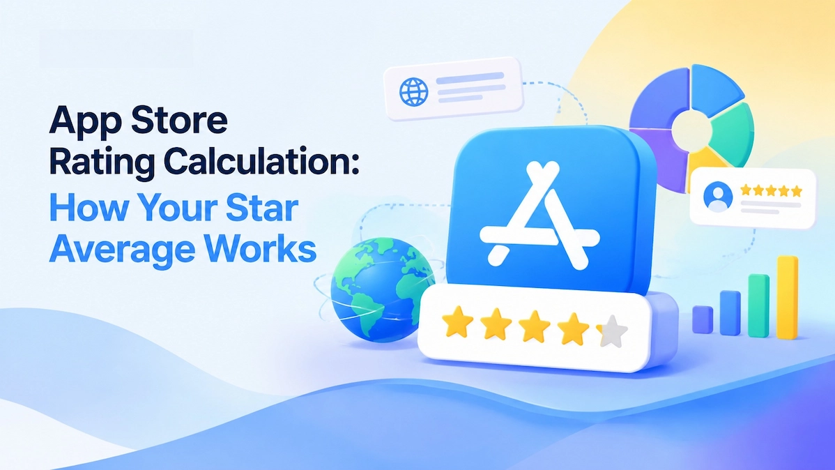 App Store rating calculation with stars, charts, and analytics icons