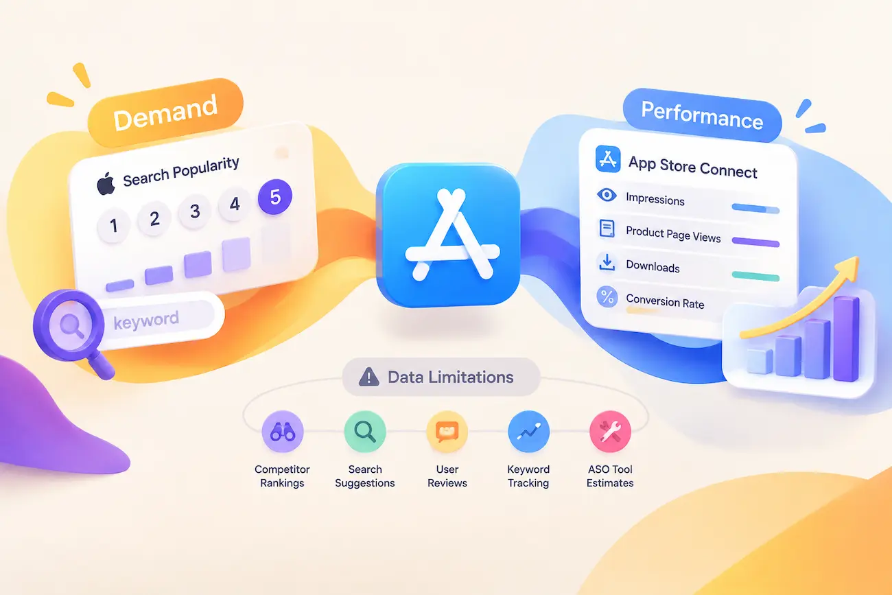 Apple Search Popularity vs App Store Connect data for ASO keyword research.