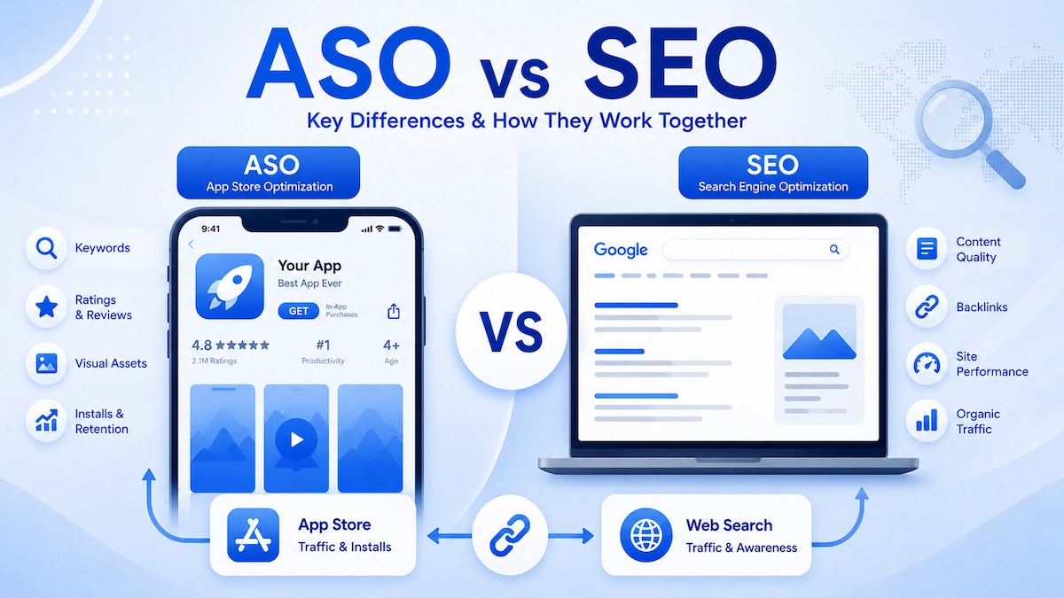 ASO vs SEO comparison showing app store and search optimization