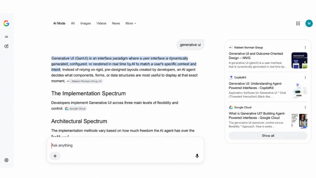 Generative UI interface showing AI search results and dynamic layouts