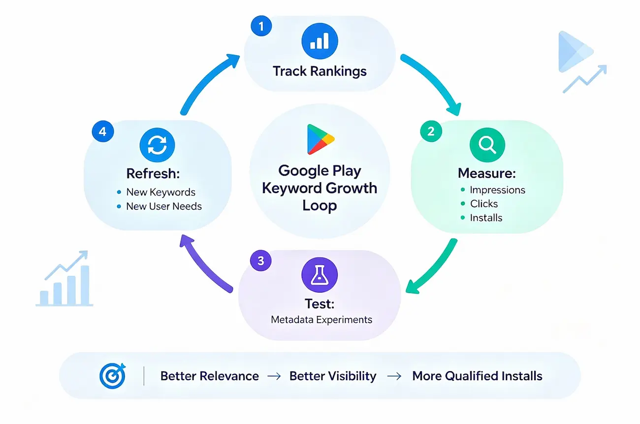 Google Play keyword optimization feedback loop showing tracking, measurement, testing, and continuous ASO improvement.