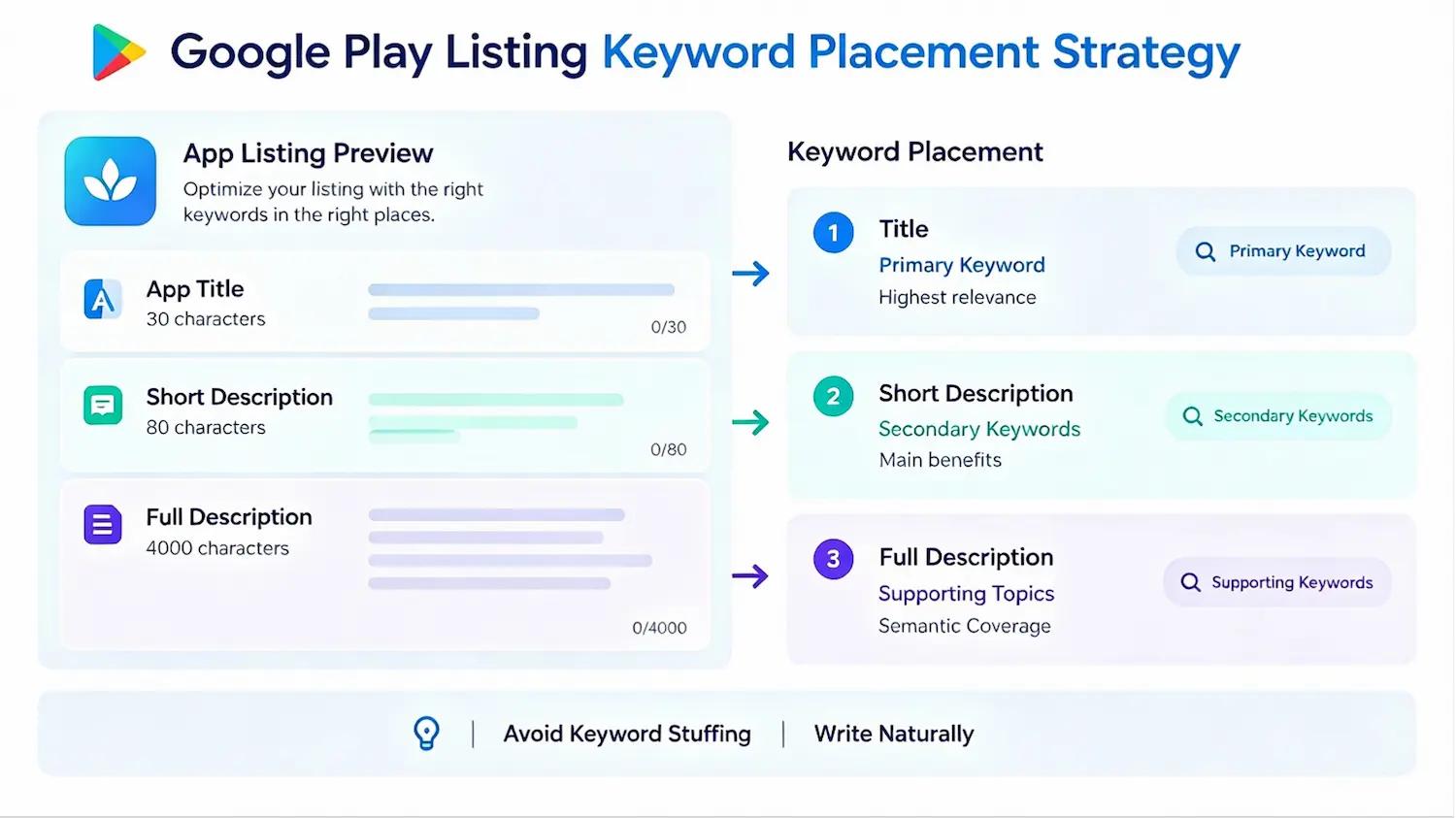 Google Play metadata keyword placement strategy showing primary, secondary, and supporting keywords across listing fields.