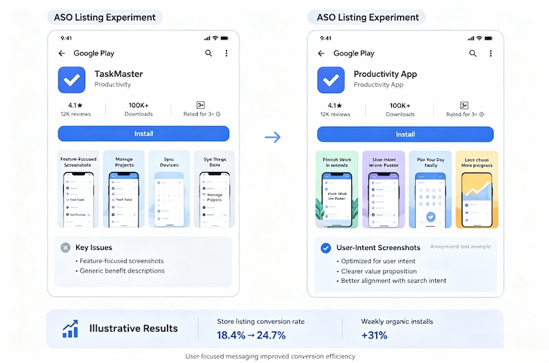 Google Play ASO listing experiment comparing feature-focused and user-focused screenshots.