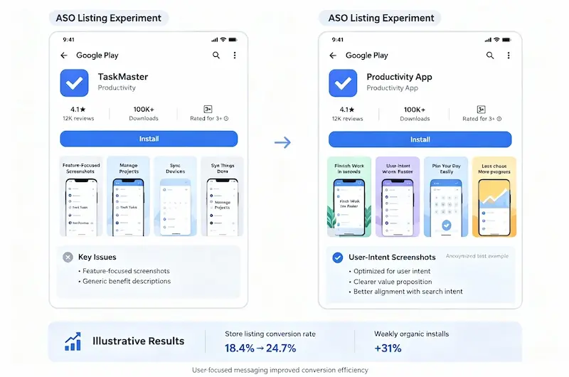 google play store listing experiment aso screenshot optimization 1