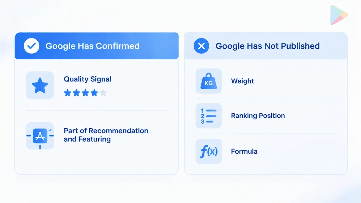 Google confirmed and unconfirmed app rating signals comparison chart