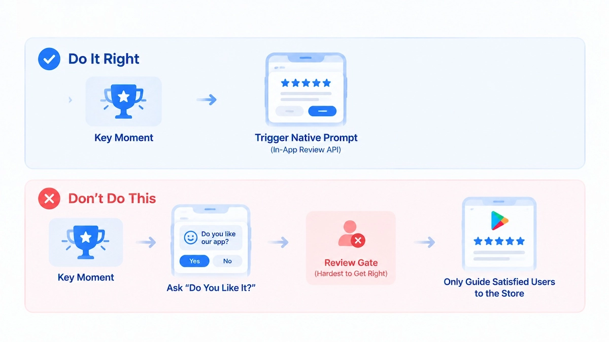 In-app review API best and wrong flow comparison infographic