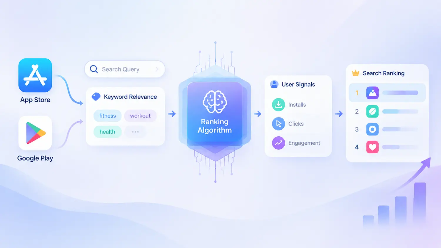 App Store and Google Play keyword ranking algorithm visualization