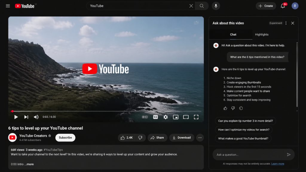 YouTube video page with AI chat panel for asking about content