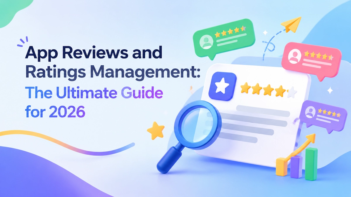 App review cards with star ratings, review bubbles, and a growth chart