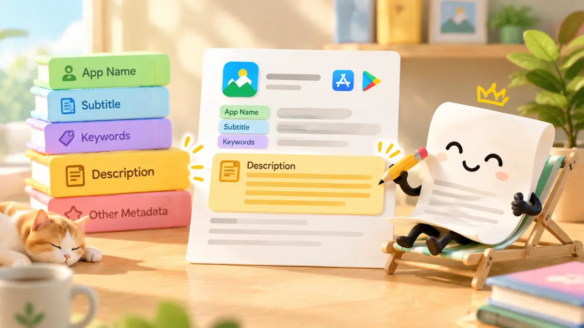 App Store description highlighted among key app metadata fields for iOS and Google Play