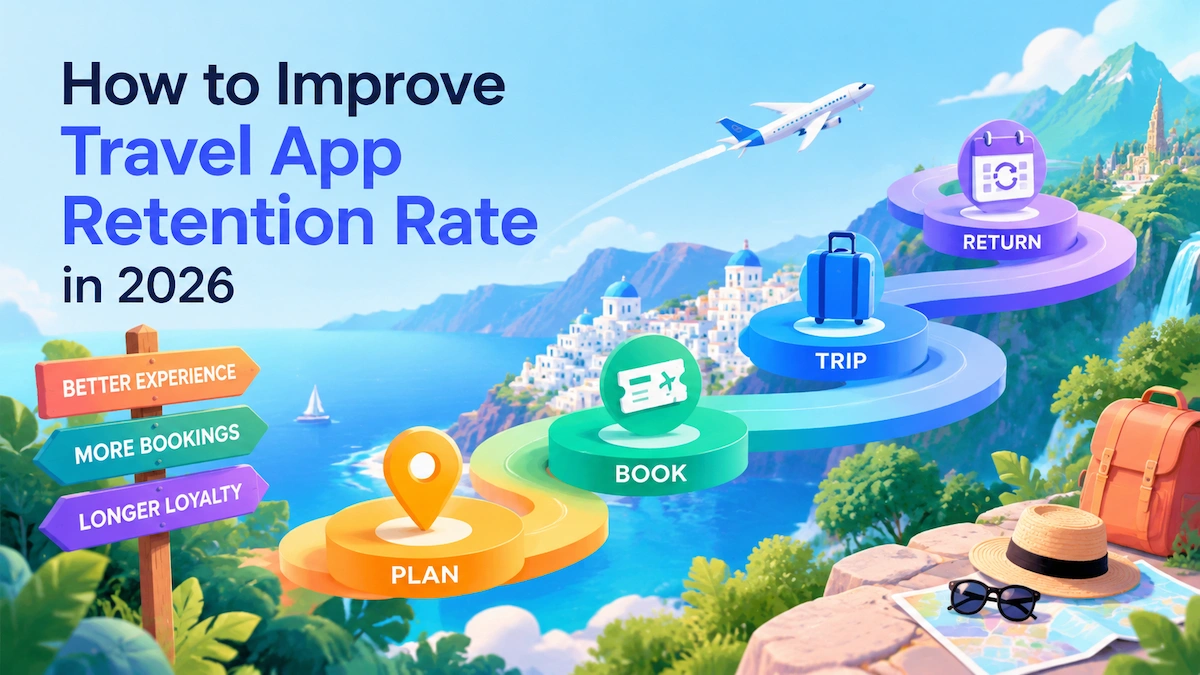 Illustrated travel journey showing planning, booking, trips, and user retention.