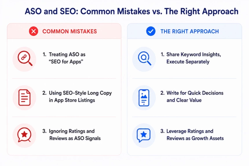 ASO and SEO mistakes compared with the right optimization approach.