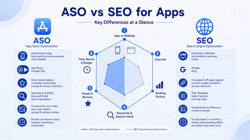 Radar chart comparing six key differences between ASO and SEO