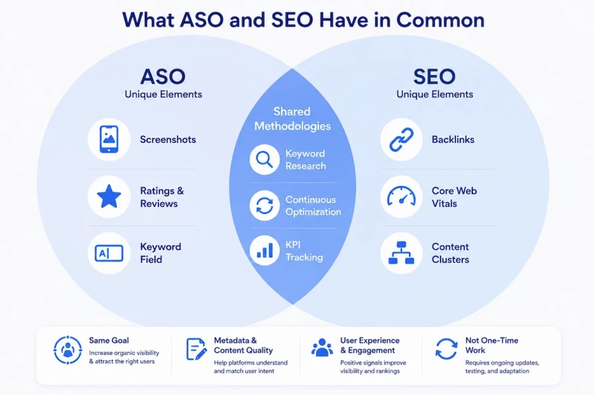 Venn diagram comparing unique ASO and SEO elements with shared methods.