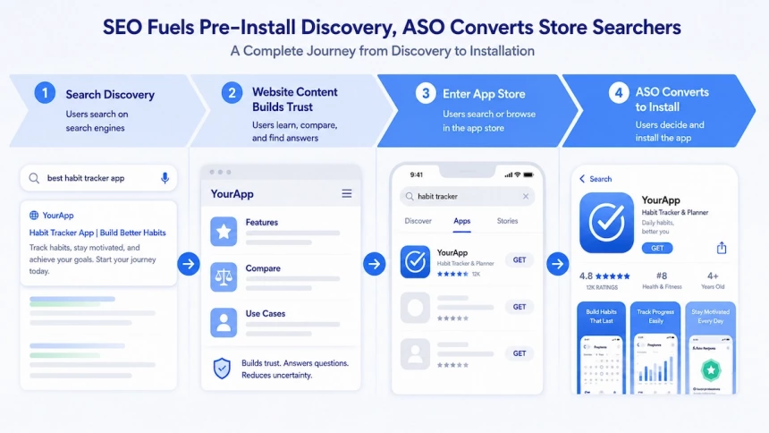 SEO to ASO funnel showing search, website trust, app store, and install.