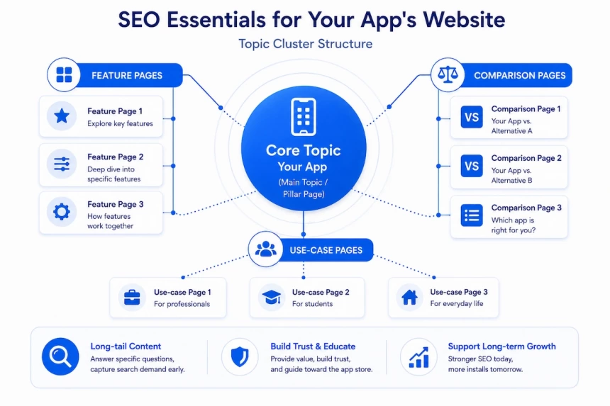 SEO topic cluster structure for an app website with core content pages