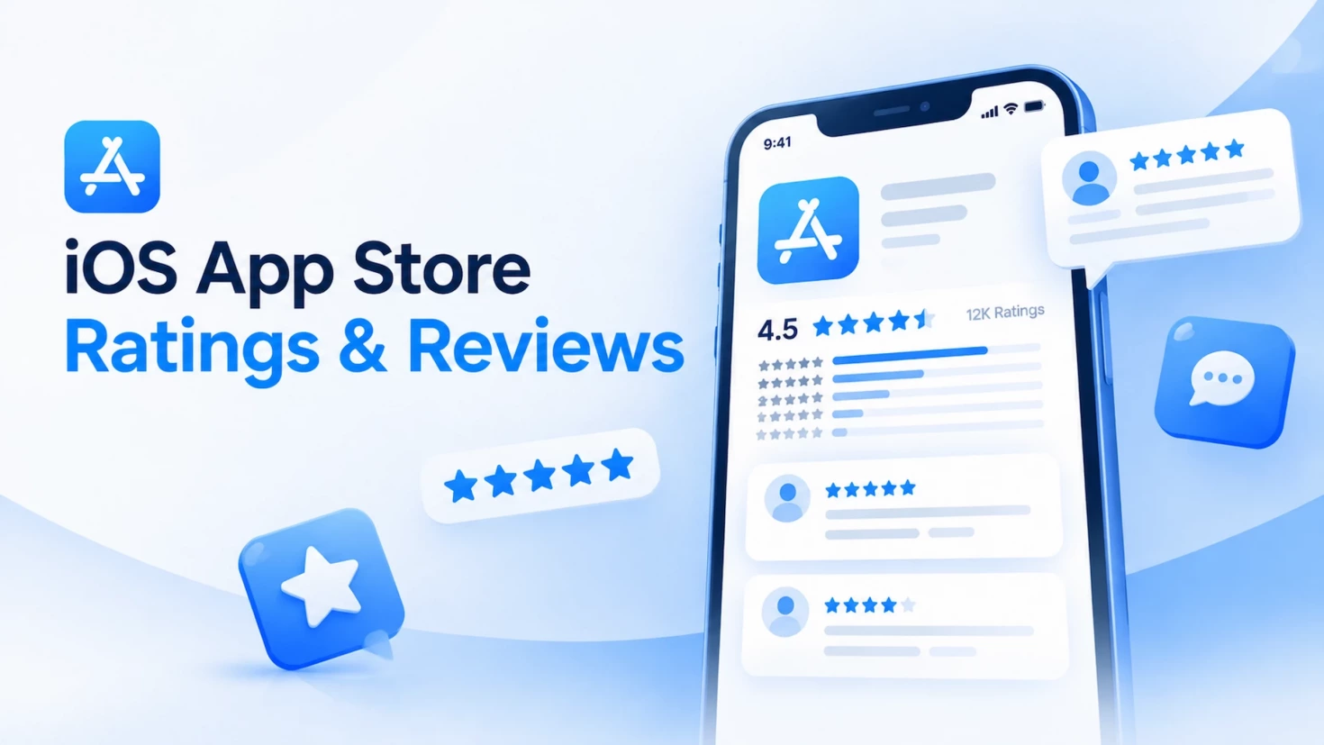 iOS App Store ratings and reviews interface with stars and feedback cards