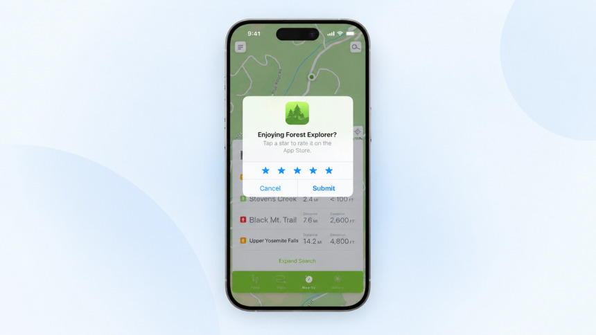 App rating prompt displayed on a mobile map application screen