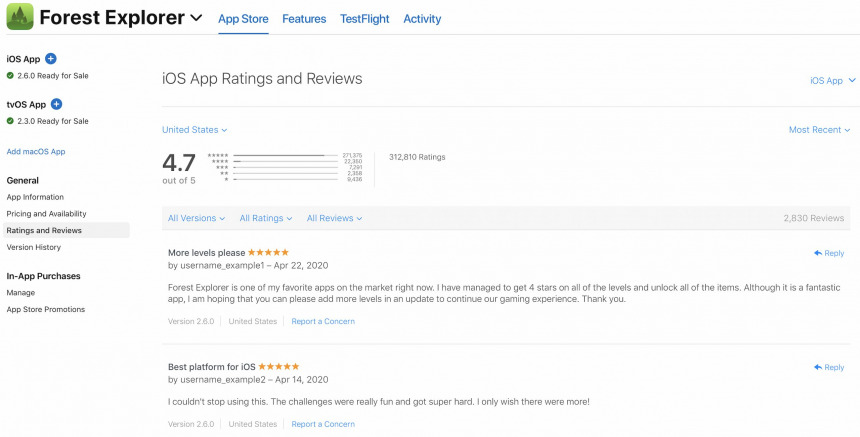 iOS App Store Connect ratings and reviews dashboard showing user feedback