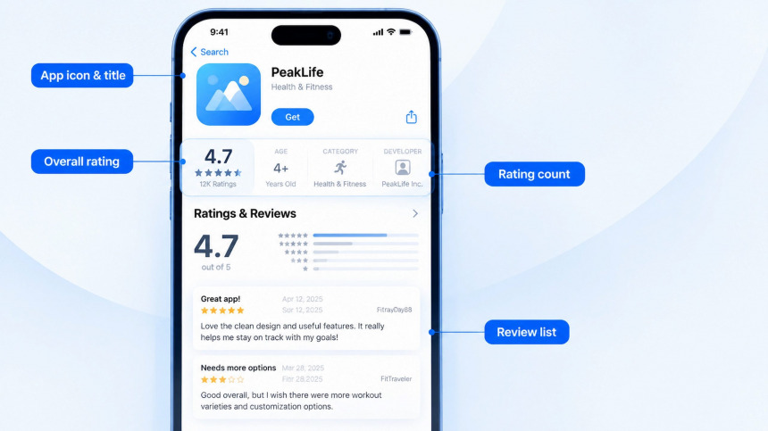 iOS App Store page showing ratings, reviews, and star scores