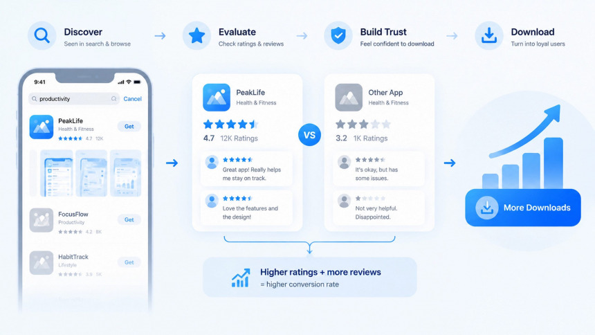 Ratings and reviews impact app downloads and conversion rate infographic
