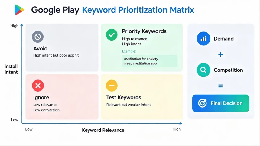 Google Play keyword prioritization matrix showing how ASO teams evaluate keywords based on relevance, install intent, demand, and competition to identify high-value keywords.