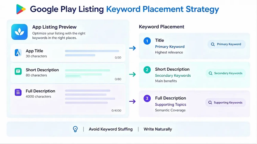 Google Play metadata keyword placement strategy showing primary, secondary, and supporting keywords across listing fields.