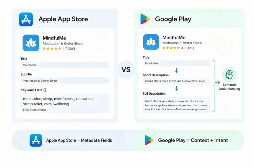 Google Play and App Store keyword optimization comparison showing metadata fields versus semantic search understanding.