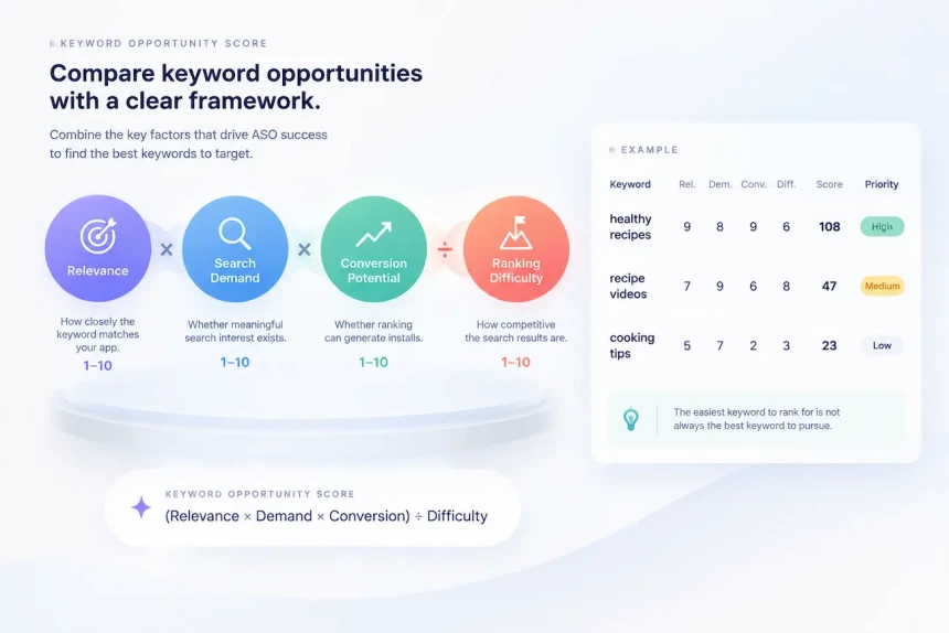 Keyword opportunity score framework for ASO keyword prioritization