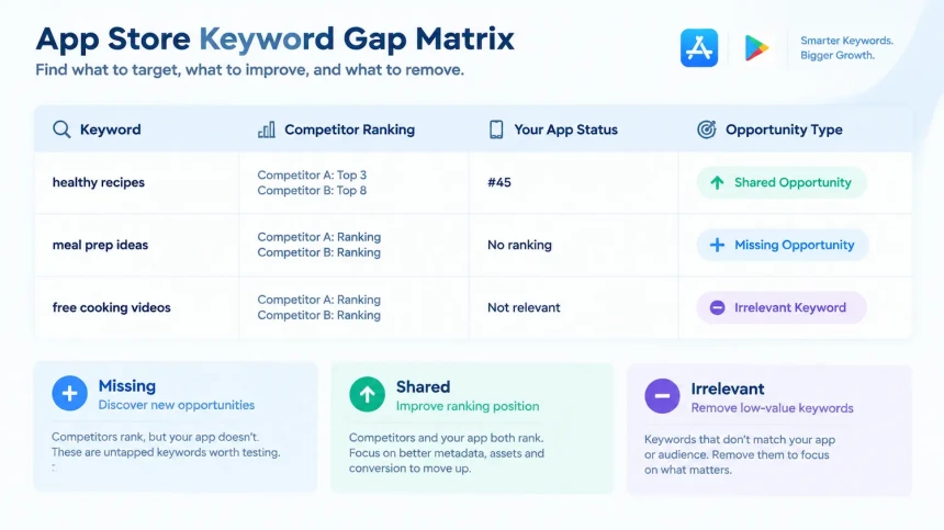 App Store keyword gap matrix showing missing shared and irrelevant competitor keywords for ASO analysis