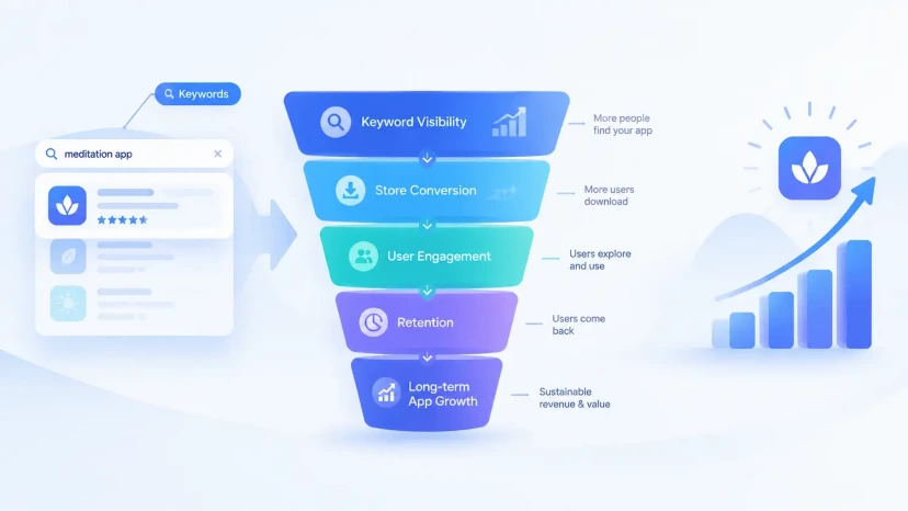 App growth funnel showing keyword visibility conversion and retention signals