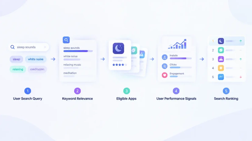 Keyword ranking algorithm workflow from search query to app ranking