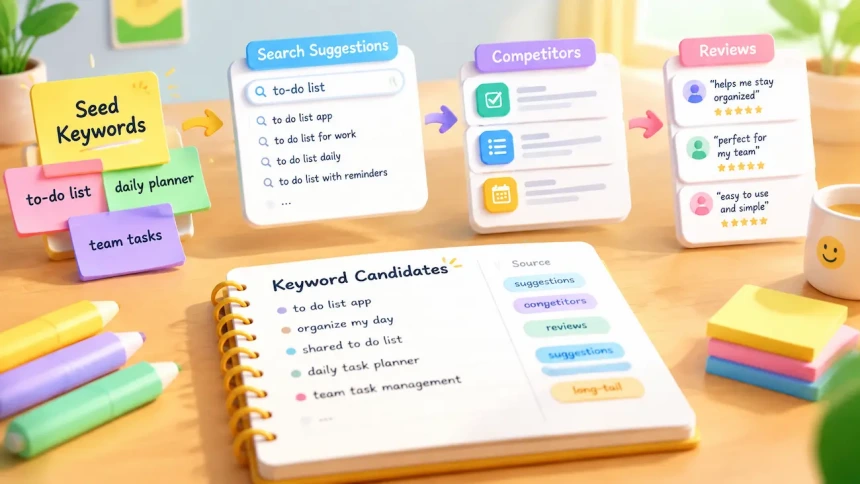 App keyword research workflow with seed keywords, search suggestions, competitor analysis, and review insights.