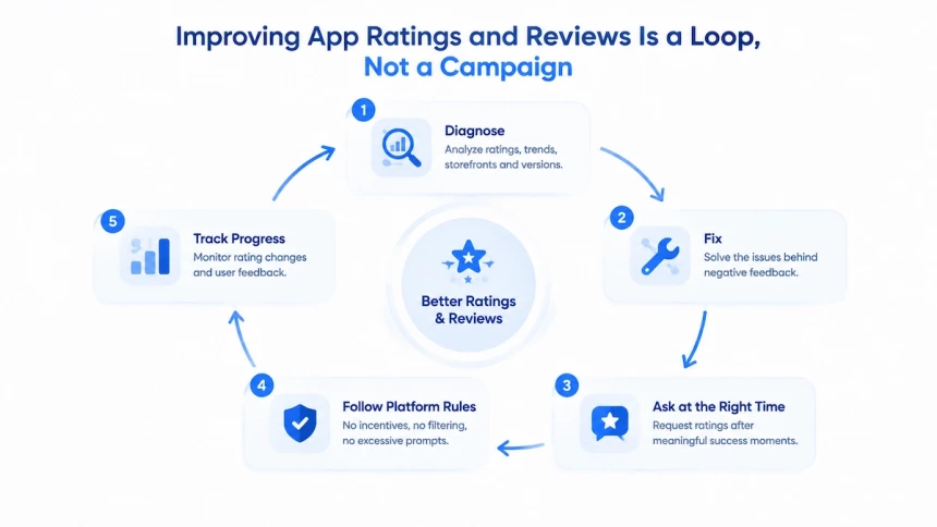 App ratings improvement loop from diagnosis to tracking progress