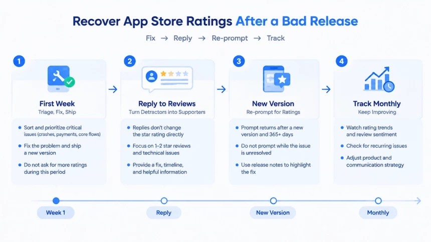 App Store rating recovery timeline from fix to monthly tracking