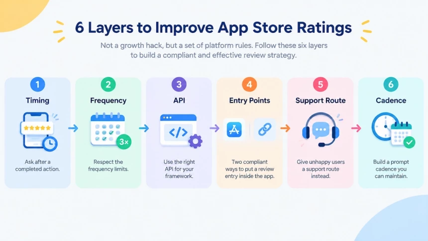 Six layers for improving App Store ratings with timing and review rules