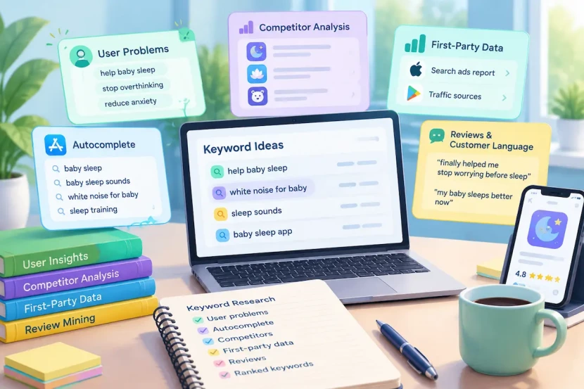 ASO keyword research workspace showing app keyword ideas, competitor analysis, and user insights.