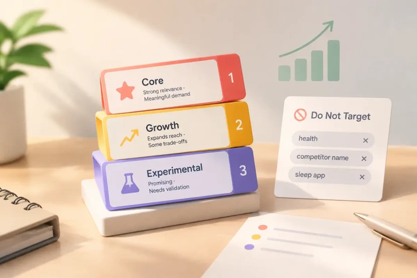 Keyword prioritization strategy with core, growth, and experimental keyword tiers.