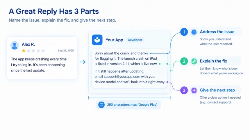 App review reply structure with issue fix and next step