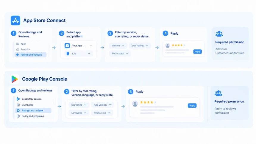 App review reply workflows in App Store Connect and Play Console