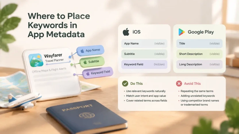 Keyword placement strategy across iOS and Google Play app metadata fields