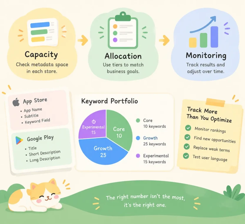 ASO keyword portfolio showing capacity, allocation, and monitoring strategy