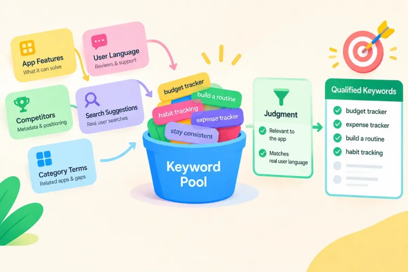 ASO keyword research sources and keyword pool workflow