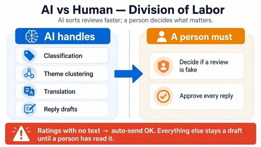 Infographic showing AI and human roles in customer review processing